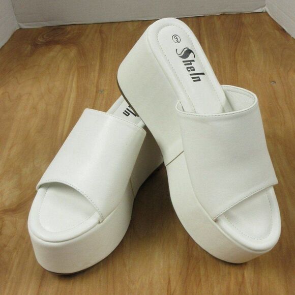 SHEIN Thick Platform Wedge Heel Slide Mule Womens Sz 9 Slip On White Sandal NEW - Picture 2 of 12